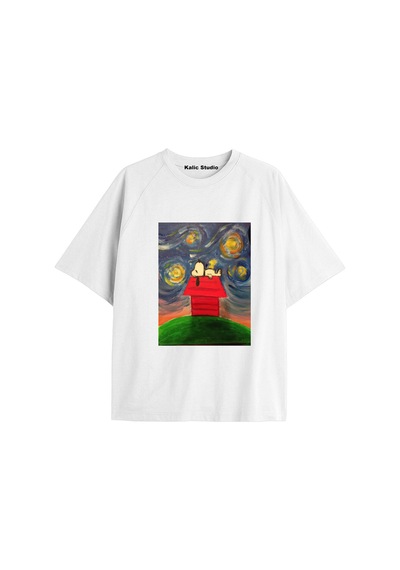 Kalic Studio Unisex Van Gogh Baskılı Oversize Tshirt Beyaz-92