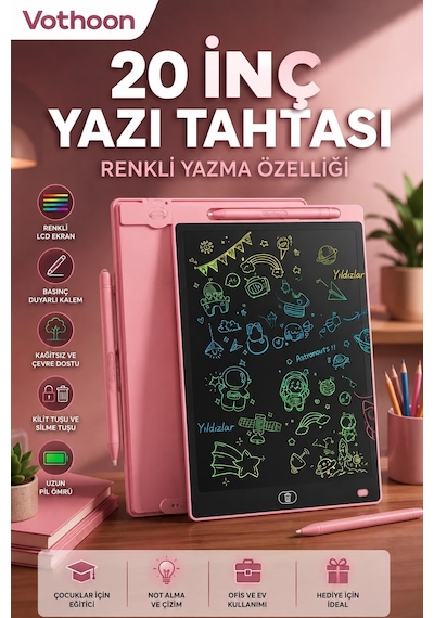 20 Inc Renkli Lcd Grafik Dijital Kalemli Çizim Tableti Yazı Tahta Not Yazma Eğitim Tableti Pembe