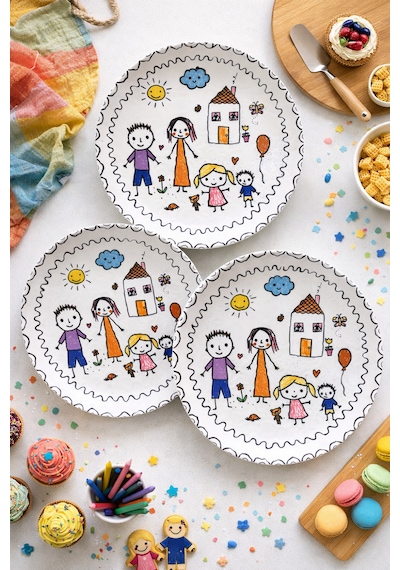 Çocuk Ve Aile Temalı Servis Tabağı Seti 6 Adet, 27 Cm Sevimli Aile Pasta, Tatlı, Kahvaltı Tabağı Çok Renkli