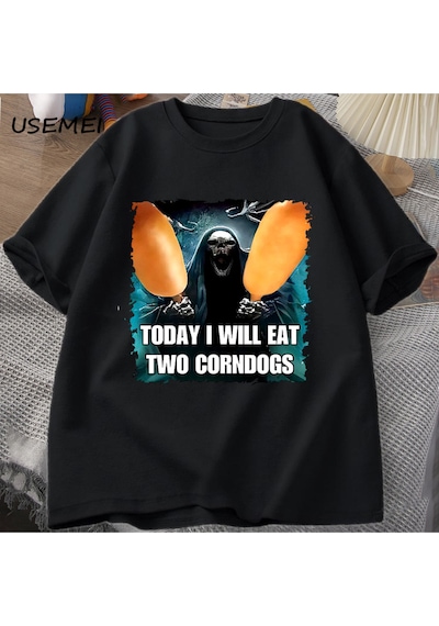 Flood Of Style Kötü İskelet Meme T Shirt Kadın Erkek Bugün Ben İki Mısır Köpekler Yiyecek Tshirt Boy Pamuk K Siyah
