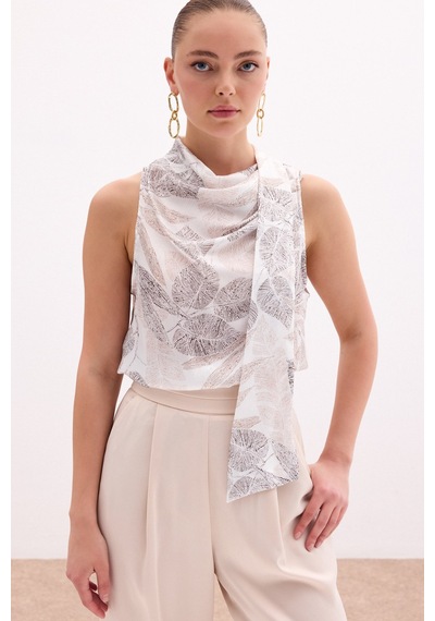 Sateen Fularlı Desenli Bluz - Vizon-136080 Vizon