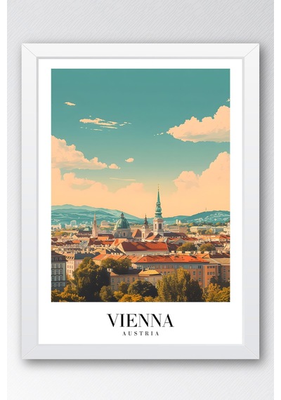 Vienna Austria Vintage Seyahat Posteri Çerçeveli Tablo - Premium Viyana Şehir Elit Duvar Dekoru Beyaz