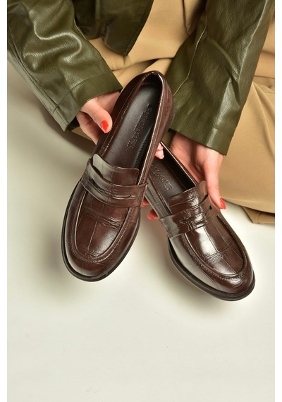 Fox Shoes Z820066211 Kahverengi Kroko Baskılı Kalın Topuklu Loafer Ayakkabı