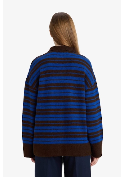 Defacto Loose Fit Polo Yaka Çizgili Triko Kazak Tunik G7240ax25cwbn468 Kahve-bn468