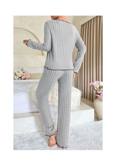 Fantezia Night Kadın Gri Çizgili Uzun Kollu Fiyonk Detaylı Pijama Takımı Rahat Mevsimlik