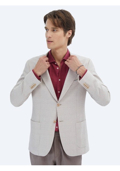 Kip Somon Desenli Modern Fit Keten Karışımlı Ceket Somon