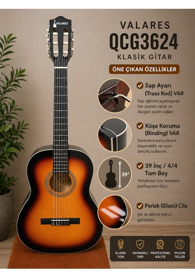 Valares Qcg3624 Klasik Gitar 39 4/4 Tam Boy Sap Ayarlı Truss Rod Köşe Korumalı Askı Aparatlı Parlak Gloss Sunburst