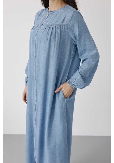 6470-denim Fermuarlı Ferace Mavi Mavi