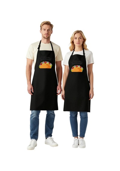 Kadın Unisex Aşçı Önlüğü Taco Baskılı Mutfak Çalışması Rahat Kesi Siyah