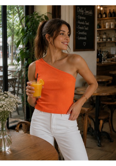 Feyece Turuncu Tek Omuz Detaylı Kaşkorse Bluz Crop