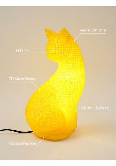 Dekoratif Kedi Figürlü Gece Lambası 3d Yazıcı Baskı Hediyelik Masa Lambası Aydınlatma 23cm Sarı