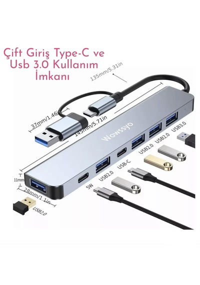 Wowssyo 7'nin 2'si Usb 3.0/usb 2.0/type-c/ Çoğaltıcı Hub Çoklayıcı Ce Sertifikalı Lisanslı 7 Port Hızlı Sağlam Metal