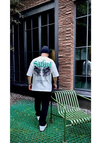 Oversize Baskılı Bisiklet Yaka T-shirt Beyaz