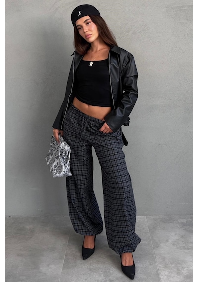 Madmext Siyah Ekose Desenli Beli Lastikli Balon Pantolon Mg2905
