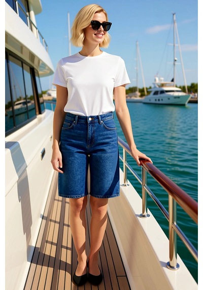 Benerly Kadın Yüksek Bel Geniş Paça Denim Bermuda Düz Desen Rigid Dokuma Koyu Mavi