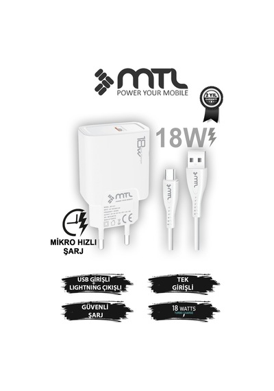 18w Qc 3.0 Destekli Hızlı Şarj Usb Adaptör + Micro Usb Kablo Şarj Cihazı Seti Mt1311