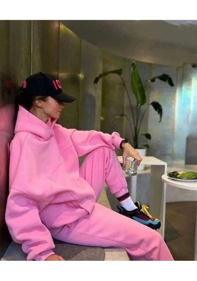 Ramımse Nakış İşlemeli Üç İplik Sweat Takım- Pembe Pembe