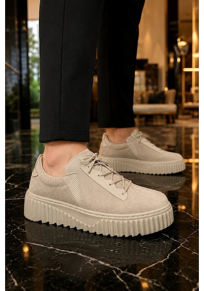 Mevese Dlob Erkek Bağcıklı Süet Günlük Casual Spor Sneaker Ayakkabı - Krem