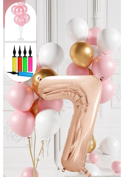 7 Yaş Balon Standlı Ve Pompalı Retro Gold Pembe Beyaz Balon Seti Rose Gold Rakamlı Süsleme Çok Renkli