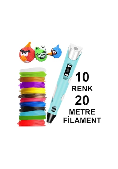 MAVİ 3D Kalem Yazıcı+10 renk 20 metre (10x2metre) PLA Filament