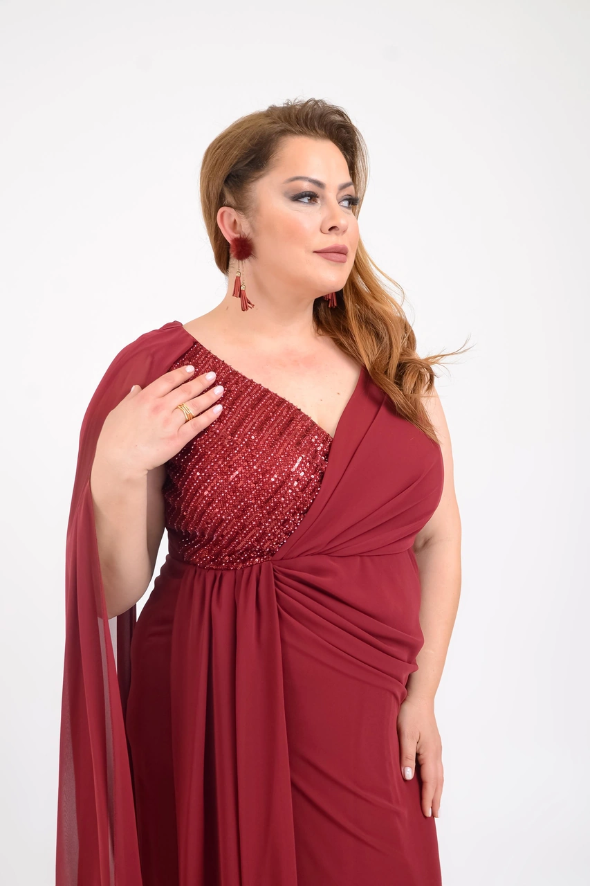Lilas Xxl Büyük Beden Kruvaze Yaka Bordo Renkli Abiye Elbise Bordo