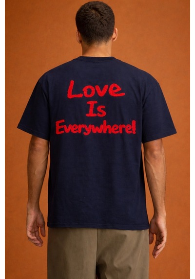 Tarz Cool Erkek Oversize Tişört "love Is Everywhere" Baskılı Basic Pamuklu T-shirt Lacivert