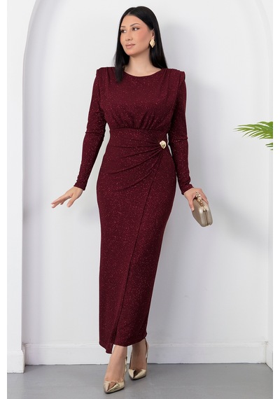 Kalopya Oval Yaka Uzun Kol Simli Elbise Grs4155 Bordo