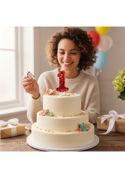 Turuncu Simli Pasta Mumu Doğum Günü Mum 1 Yaş