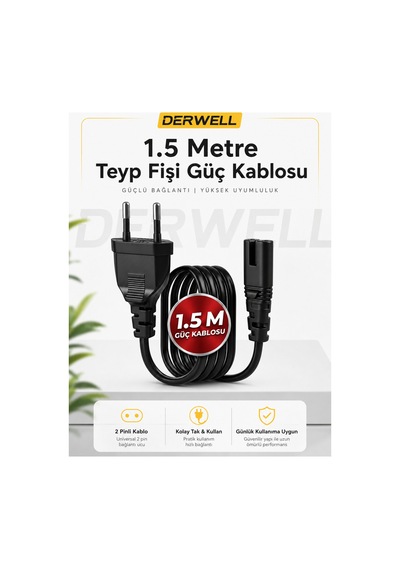 Universal C7 Güç Kablosu 1.5m - Çift Delikli Teyp Konsol Tv Enerji Kablosu Ps4 Slim Ps3 Ps2 Işıldak Laptop Adaptör Radyo Şarj Kablosu Esnek Bakır Siyah Akım Korumalı 2 Pin Sekiz Figür Besleme