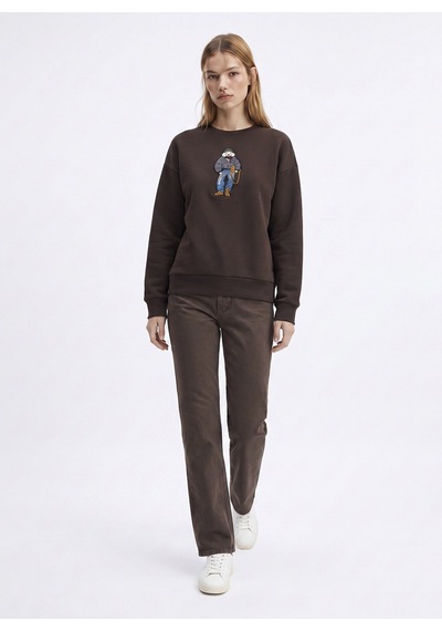 Fabrika Kahverengi Kadın Bisiklet Yaka Loose Fit Nakışlı Sweatshirt F6wl-swt0086 Kahve