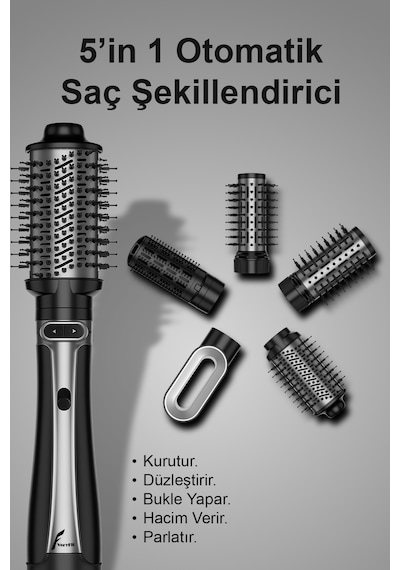 5 İ 1 Arada Otomatik Dönen Hava Üflemeli Saç Şekillendirici Ve Kurutma Seti - 1200w. Siyah