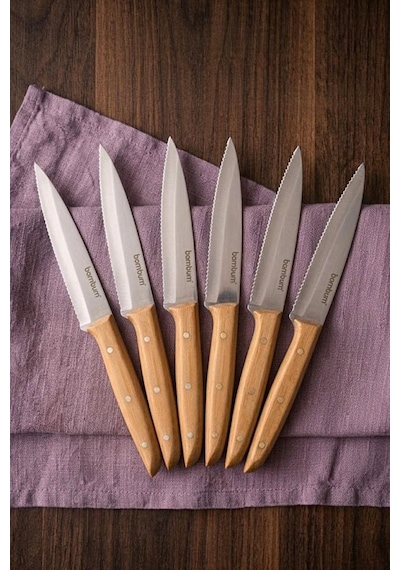 Bambum Gea 6'lı Bambu Saplı Steak Bıçağı Seti 21.5 Cm - Paslanmaz Çelik Lazer Tırtıklı Et Bıçağı