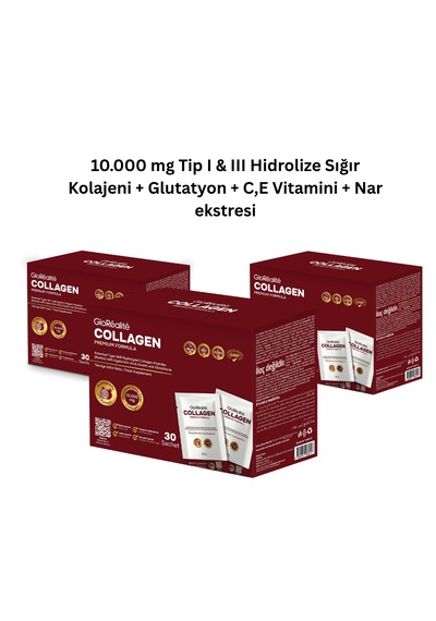 Tip 1 & 3 Hidrolize Kolajen Peptitleri 10.000 Mg, Hiyalüronik Asit, Glutatyon, Elastin, C Vitamini 90 Saşe 3 Aylık Kullanım Paketi