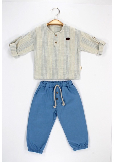Babyhola Bayramlık Erkek Bebek İkili Takım Katlanabilir Kollu Müslin Üst Ve Pantolon Set 2218 Mavi