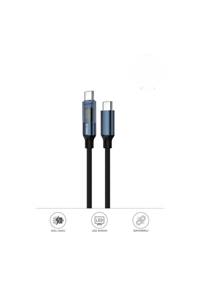Torima U22 Type-c To Type-c 60 W  Led Ekranlı Dayanıklı Örgü Hızlı Şarj Kablosu Siyah