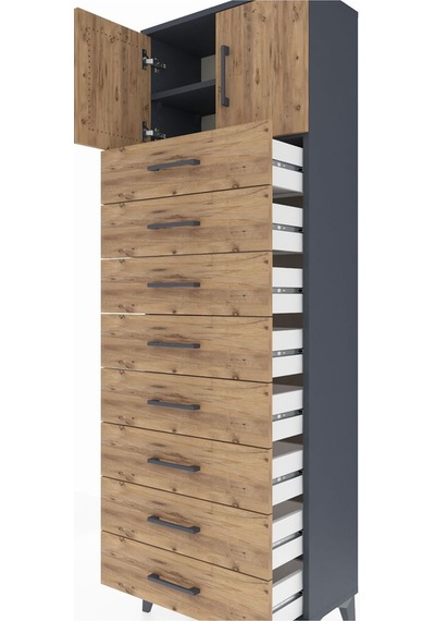 Arges Dolap 2 Raflı 8 Çekmeceli 2 Kapaklı 60x30x182 Antrasit-çam Antrasit