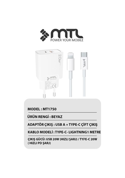 20w Ultra Hızlı Çift Çıkış Type-c + Usb Adaptör + Type-c To Apple Uyumlu iPhone Lightning Kablo Şarj Seti Mt1750
