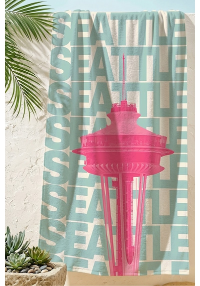 Seattle Şehir Temalı Modern Plaj Havlusu - Tipografik Mint Pembe Renkli Hızlı Kuruyan Havlu Örtü Sisli Papatya