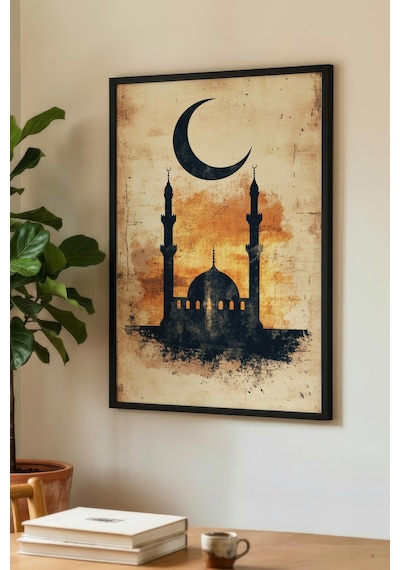 1 Adet Doğal Ahşap Çerçeveli Soyut Siyah Daire Vintage Tablo