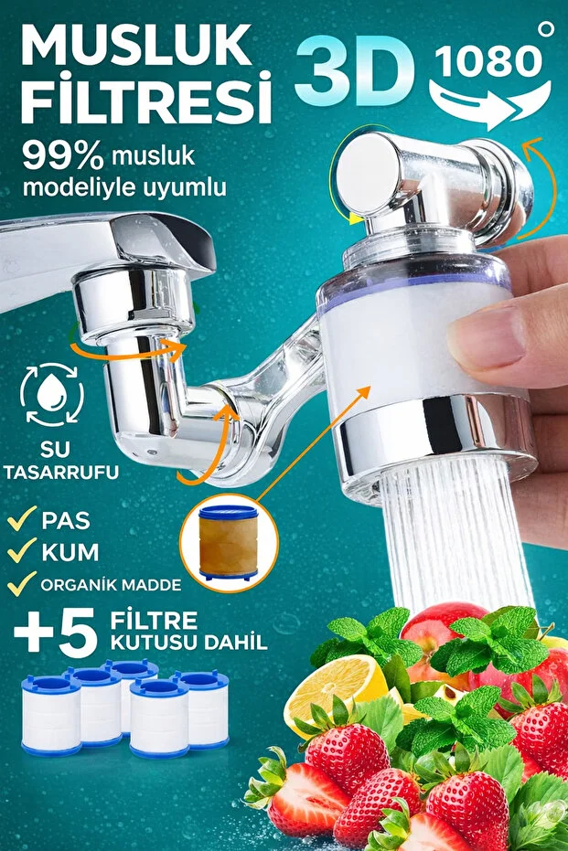 Filtreli Musluk Başlığı 1080 Döner Su Arıtıcı 5 Yedek Filtreli