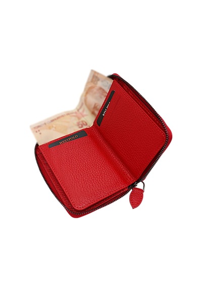 Westpolo Hakiki Deri Kağıt Para Ve Bol Kart Bölmeli Fermuarlı Unisex Cüzdan - Kırmızı Çok Renkli