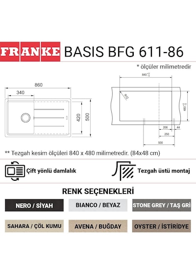 Franke Bfg 611 Granit Avena Eviye. Active Plus Doccia Avena Spiralli Armatür Seti