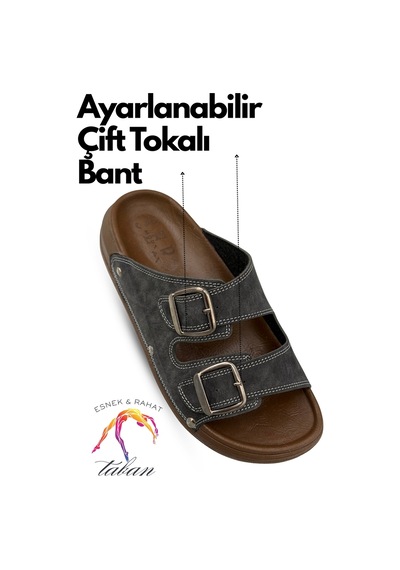 Sermoda Erkek Terlik - Çift Toka Ayarlanabilir Esnek Taban Deri Erkek Terlik T Füme