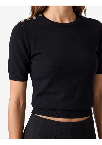 Koton Regular Fit Düğme Detaylı Bisiklet Yaka Kısa Kollu Triko Tişört Siyah 7wak90579ht