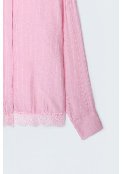 Sateen Dantel Detaylı Gömlek - Pembe-137693