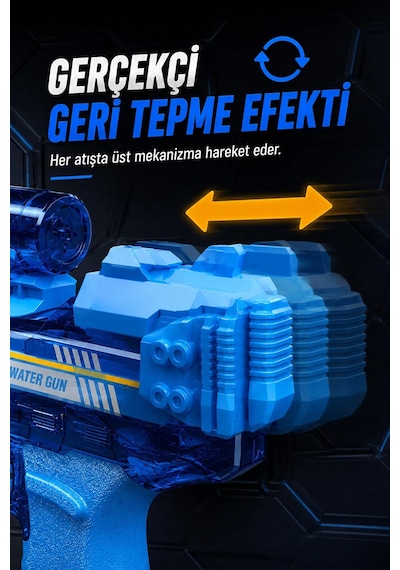 Şarjlı Otomatik Su Tabancası Oyuncak Gerçekçi Geri Tepme Efektli Geniş Su Hazneli Uzun Menzilli Elektrikli Su Silahı Siyah