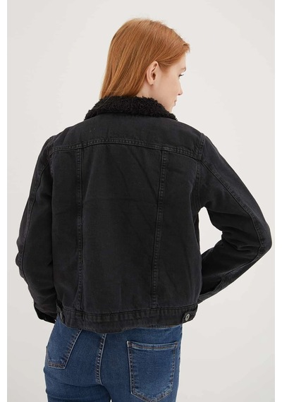 Fashion Frends İçi Kürklü Denim Ceket Siyah
