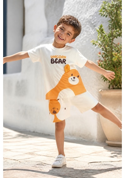 Eray Alp Kids Erkek Çocuk Beyaz Baskılı Ayıcık Tişört Şort Takımı Yazlık Günlük Model