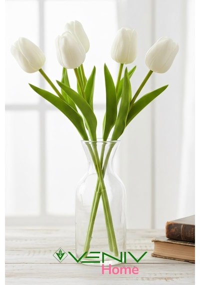 5 Adet Dekoratif Islak Lale- Gerçek Islak Doku- 30 Cm - Yapay Çiçek Beyaz
