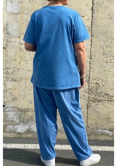 Mia Butik Büyük Beden Selenay Mavi Keten Takım Mavi